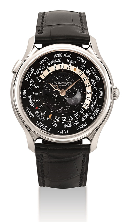 Limited edition 18k white gold automatic world time wristwatch with moon phases, made to commemorate the 175th anniversary of Patek Philippe in 2014 